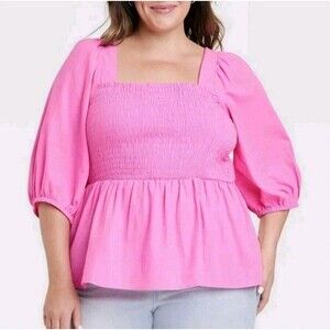 Ava & Viv Plus Size XXL 2X Puff Sleeve Pink Peplum Coquette Girly Cotton Blouse